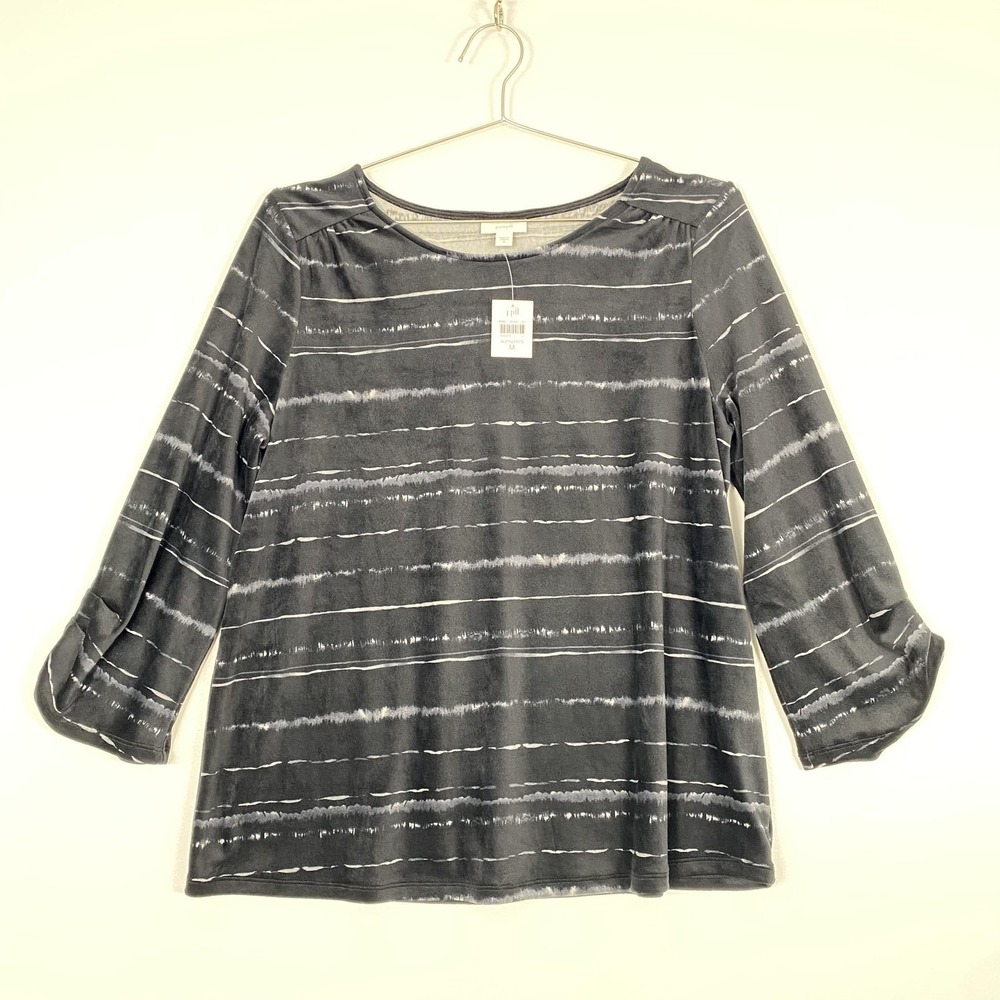 NWT J Jill Shirt Womens Medium Black Stripe 3/4 Sleeve Boat Neck Top Velour
